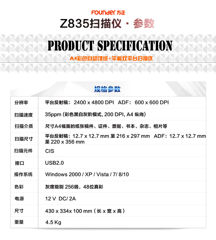 方正（Founder）Z835扫描仪A4高速自动进纸 平板+馈纸式扫描仪 白黑色