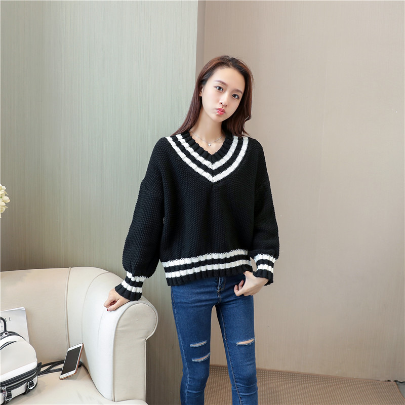韩雪青青2017韩版新款大V领宽松百搭外穿毛衣
