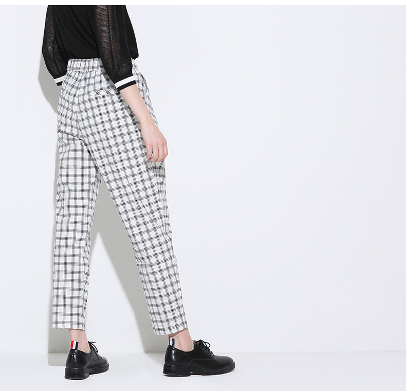 初语2017春季新款女裤 松紧腰英伦格子宽松休