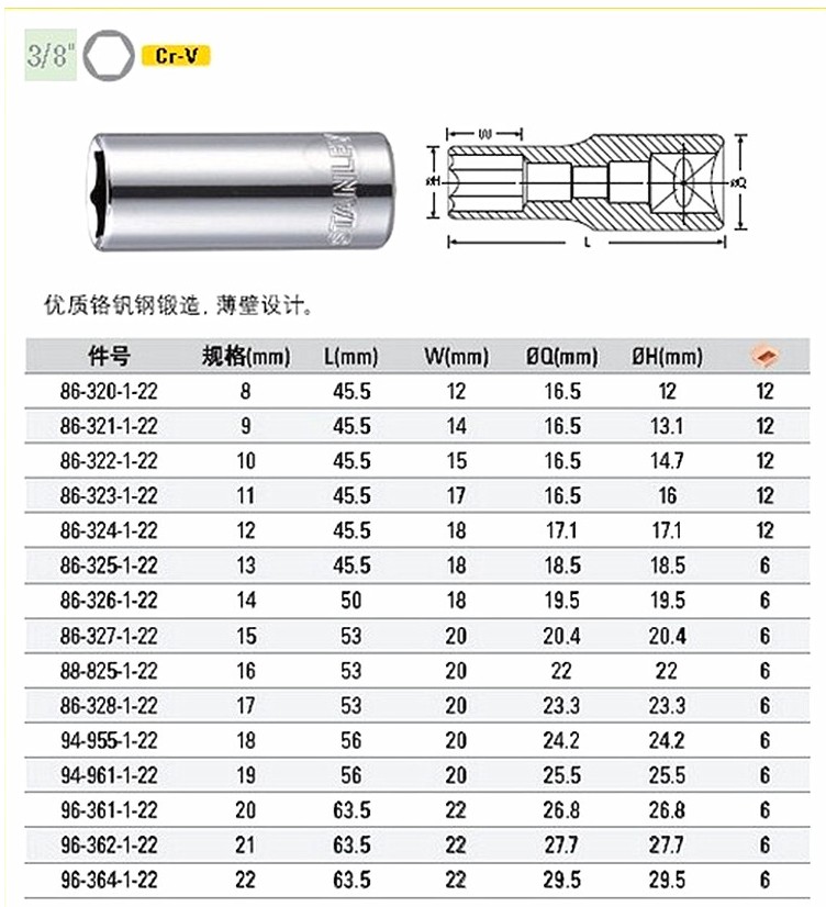 史丹利 10mm系列 公制 6角长套筒 17mm 86-328-1-22