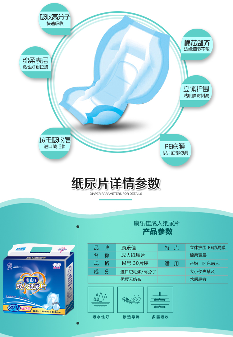 康乐佳成人纸尿片老年人尿不湿隔尿片男女中大码m号葫芦片30片