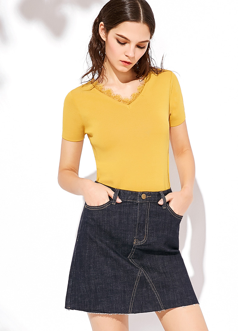 ZARA KARA黄色短袖v领t恤女夏修身百搭上衣