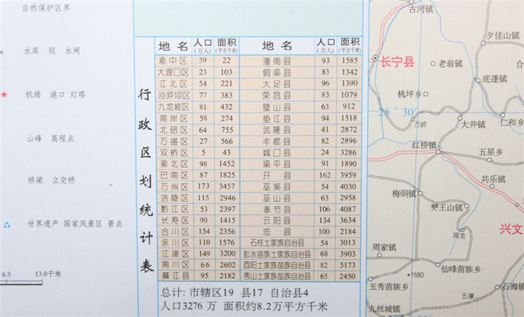 重庆省地图挂图 带公路里程里程 按县级划分颜