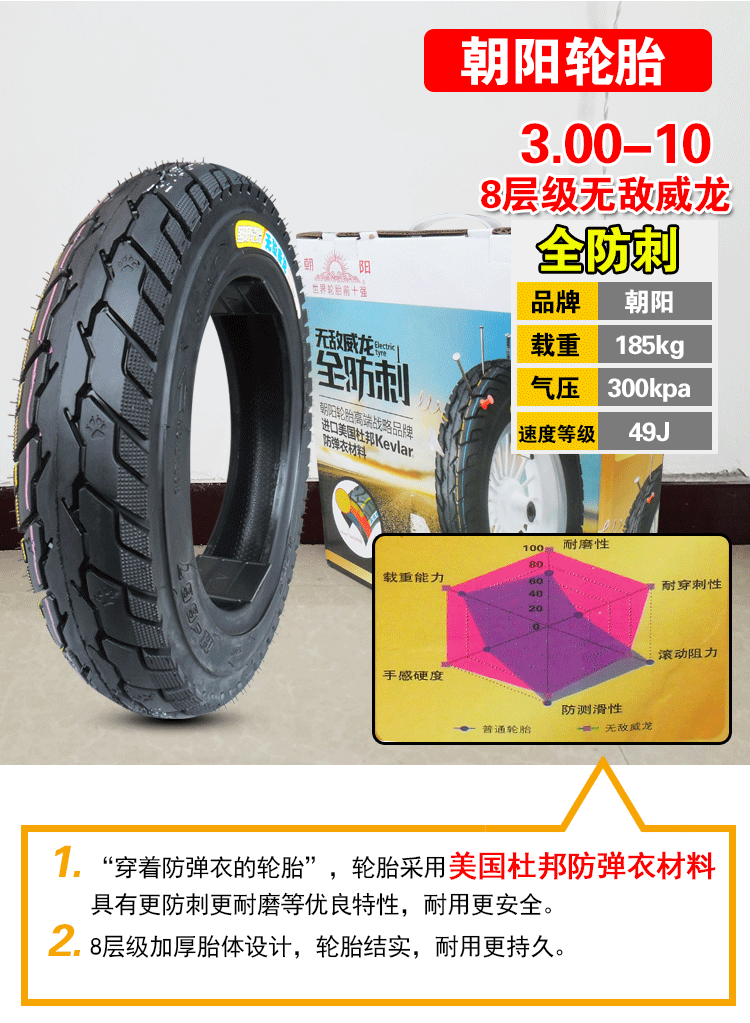 朝阳电动车轮胎3.00-10寸真空胎外胎14x3.2摩托车300 八层防爆胎 3.
