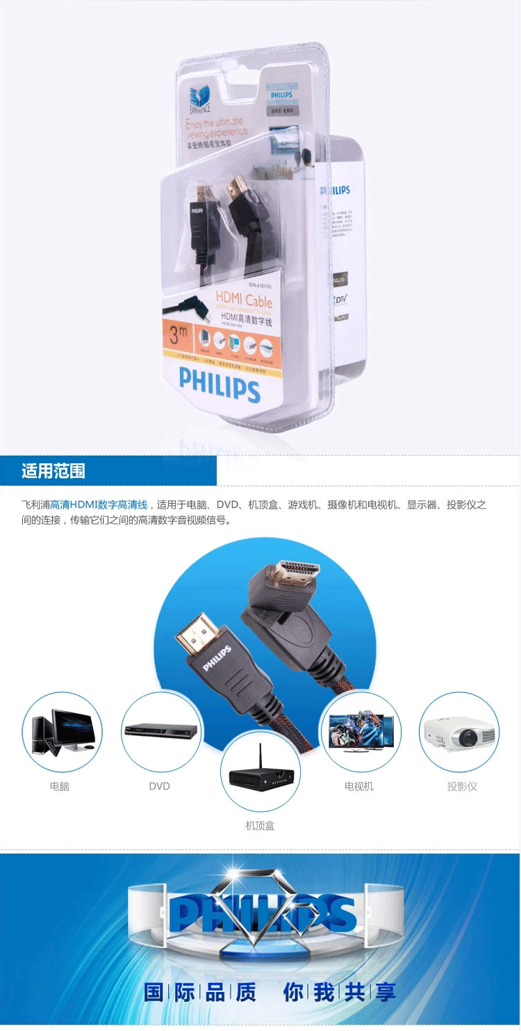 飞利浦（PHILIPS）SWL4181/93 电视电器 HDMI线 高清数字线 3米红黑色 270度HMDI璇转式插头