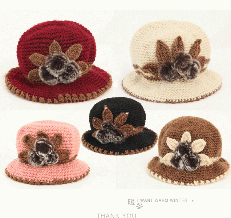 冬之花韩版针织手工制作1153冬季女帽子正品大球毛线帽 黑色 均码