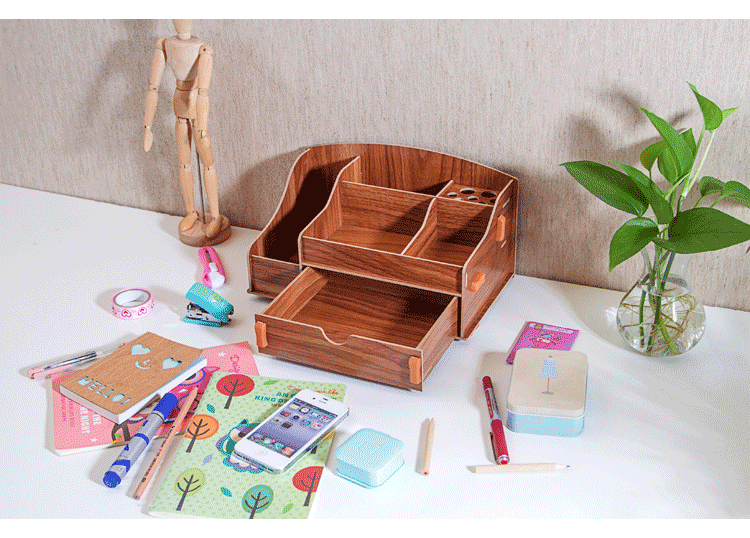 木质桌面抽屉式化妆品收纳盒 梳妆台化妆盒多格杂物整理盒 单抽屉