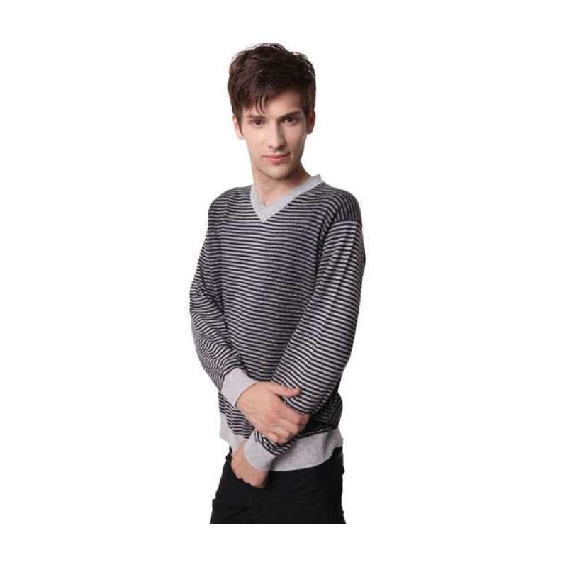 服饰鞋帽 男装 针织 澳洋纯 男士商务休闲v领时尚秀气宽松条纹羊绒衫f