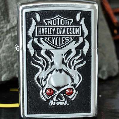 zippo打火机 哈雷骷髅火拉丝镀铬.