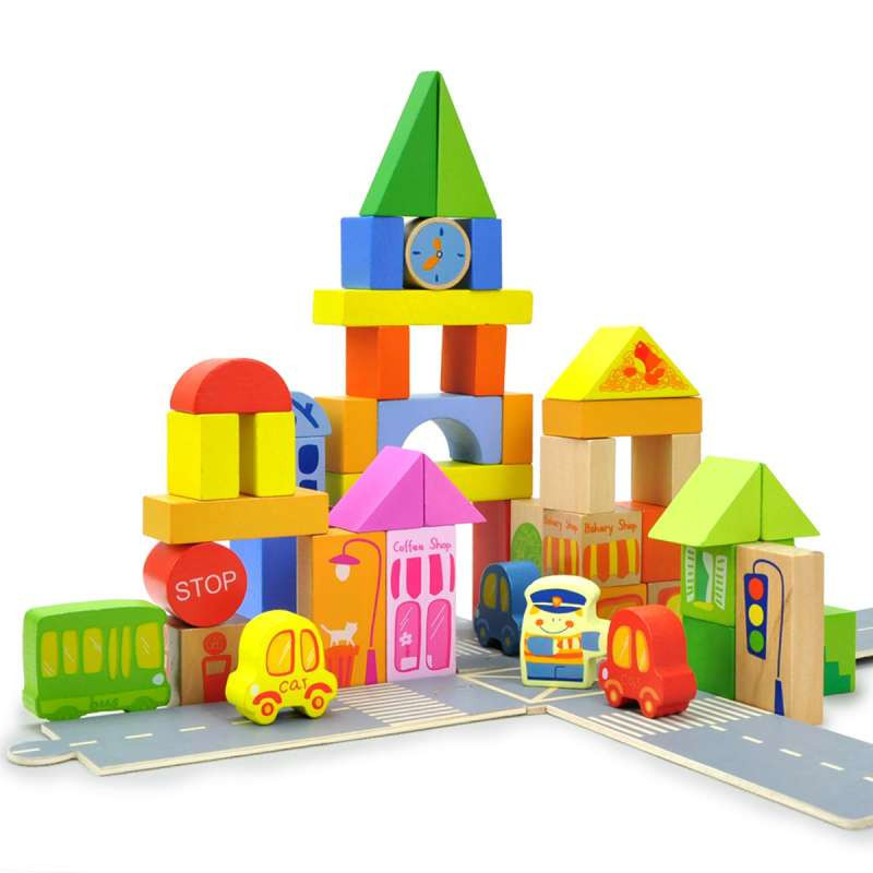 特宝儿 城市积木建筑交通 55粒桶装积木 木制益智玩具 儿童玩具