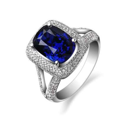 10ct天然斯里兰卡枕垫形蓝宝石18k金镶钻女戒指 8867