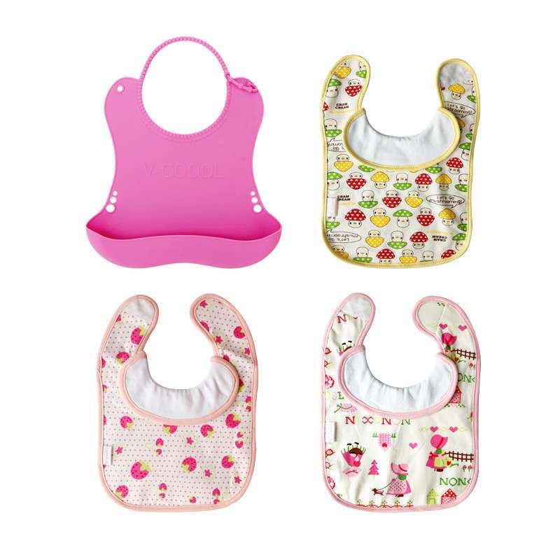 v-coool 婴儿围嘴4条特惠装 宝宝软硅胶防水围嘴1条 纯棉双层围兜3条