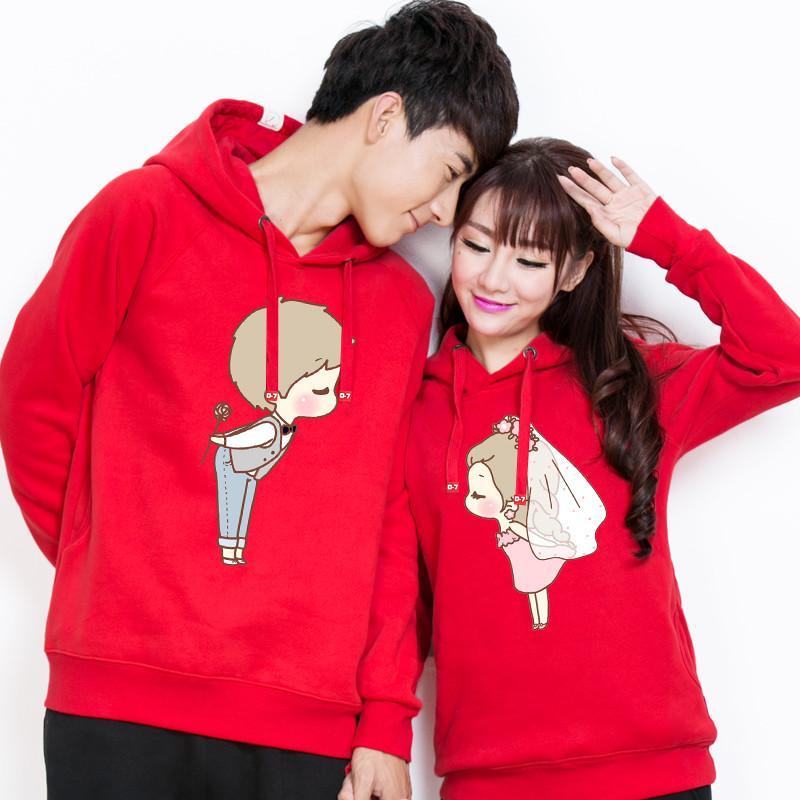 卡通丢丢&呆呆表白情侣装秋2014女韩版套头连帽卫衣外套 红色 女图s