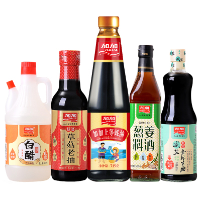 加加特级草菇老抽500ml+特级减盐金标生抽500ml+糯米白醋800ml+葱姜料酒500ml+上等蚝油715g