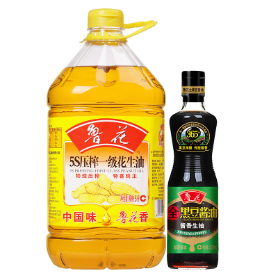 鲁花 食用油 5S 压榨一级 花生油 5L赠500ml黑豆生抽酱油（赠品随机）