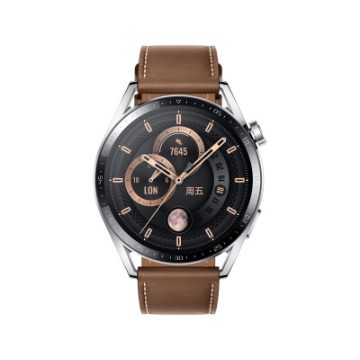 HUAWEI WATCH GT 3 (JPT-B19） 钢色不锈钢表壳+咖色真皮表带-时尚款（46mm)