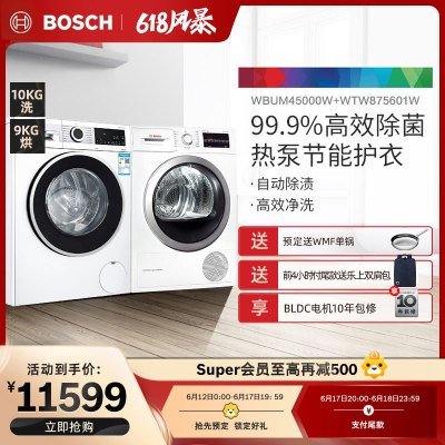 【洗烘套装】博世(BOSCH)10公斤自动除渍洗衣机+9公斤热泵除菌烘干衣机WBUM45000W+WTW875601W