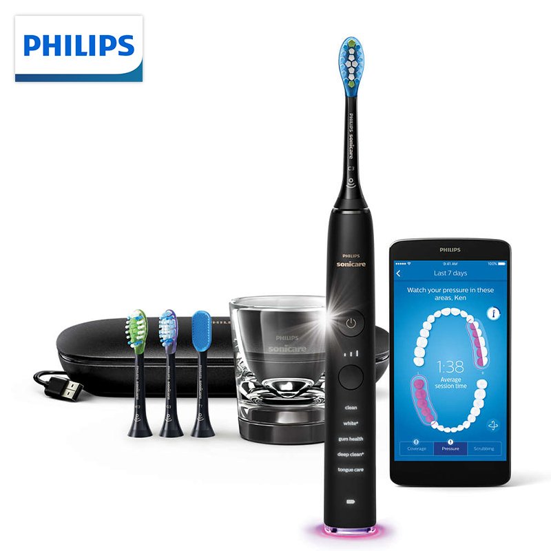 飞利浦（PHILIPS）电动牙刷 钻石亮白智能型 充电式成人声波震动牙刷蓝牙版 HX9924/12 钛金黑