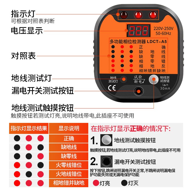 家用验电器电工漏电相位检测仪多功能测电插座检测器相位仪测电仪 LDCT-A1+感应电笔
