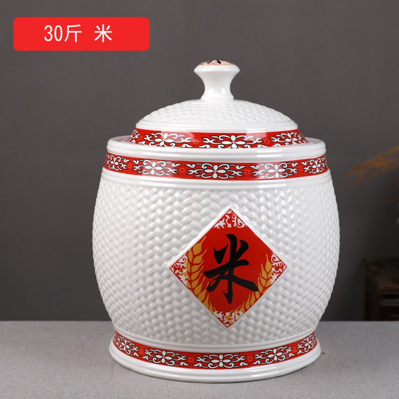 景德镇陶瓷米缸米桶面粉缸烘焙精灵10kg20/30斤装家用厨房储物密封罐 30斤米（送礼品）_28