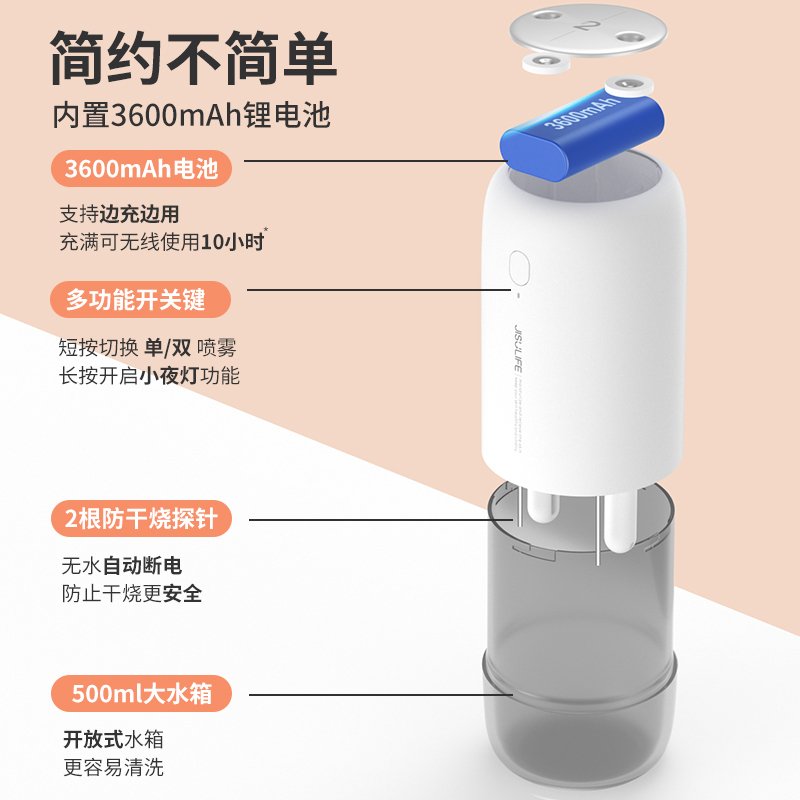 加湿器办公室小型可充电桌面无线净化空气喷雾迷你家用静音卧室usb车载香薰车用不插电便携式宿舍大雾量 【北欧粉★1_13