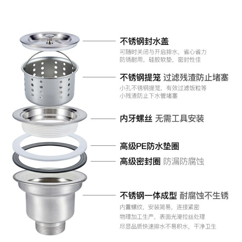 厨房水不锈钢提篮下水器洗菜盆配件单双110提笼落水器全钢 全钢单盆11CM+0.9米带(溢水)_148