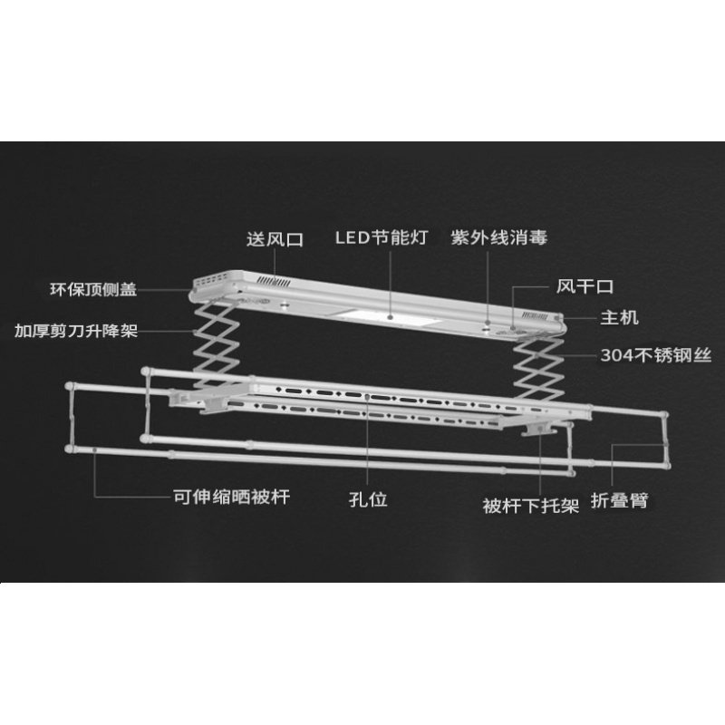 电动晾衣架阳台升降智能伸缩遥控双杆式晾衣机家用自动烘干消毒机晾衣杆 三维工匠 DL-139新款高配铁灰色+双剪刀_143