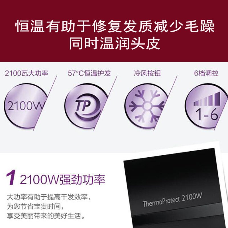 飞利浦(Philips) 电吹风机家用恒温养护发速干2100w大功率冷热风易于造型理发廊店专用吹风机筒 HP8230黑