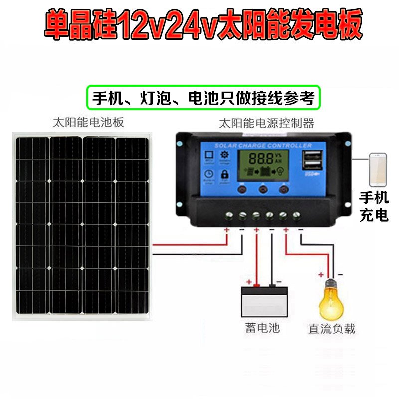 单晶太阳能电池板50W古达家用光伏发电板100瓦充电板12V车载太阳能板 单晶120W太阳能板12V引线100cm