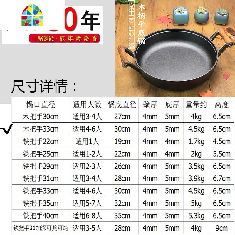 铸铁双耳平底煎锅生煎包锅加厚烙饼锅家用老式生铁锅无涂层不粘锅 FENGHOU 木把双耳33cm单锅送木铲+锅垫