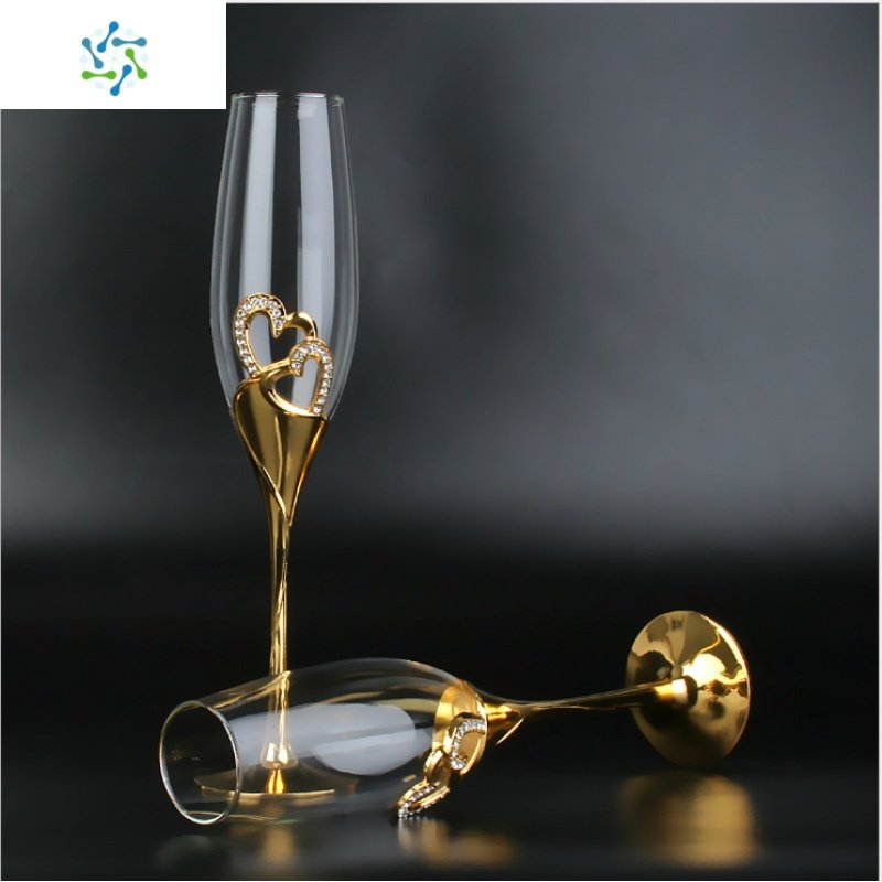 水晶镶钻高脚红酒杯香槟杯2个一对套装家用礼盒高档创意个性酒具 三维工匠 心心相印香槟杯金色2支简装
