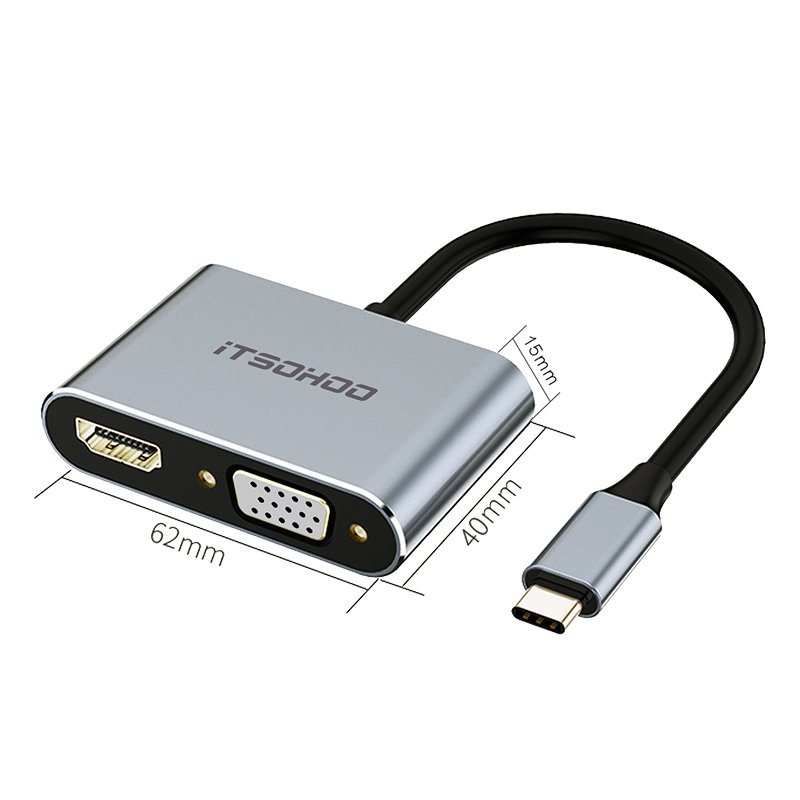 iTSOHOO Type-C扩展坞 苹果华为笔记本电脑USB-C转HDMI/VGA转换器投屏USB HUB分线器灰色