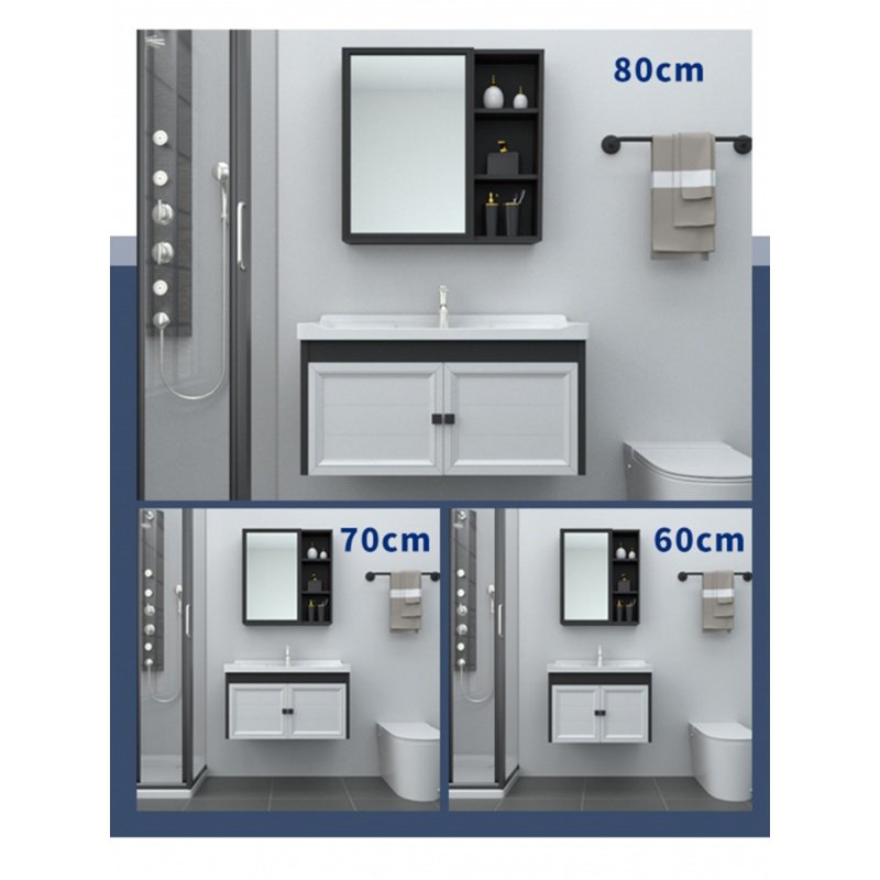 闪电客太空铝挂墙式洗手盆柜组合小户型洗脸盆卫生间洗漱台一体台盆简约 A51新黑白加门吊柜全套+黑圆镜_70