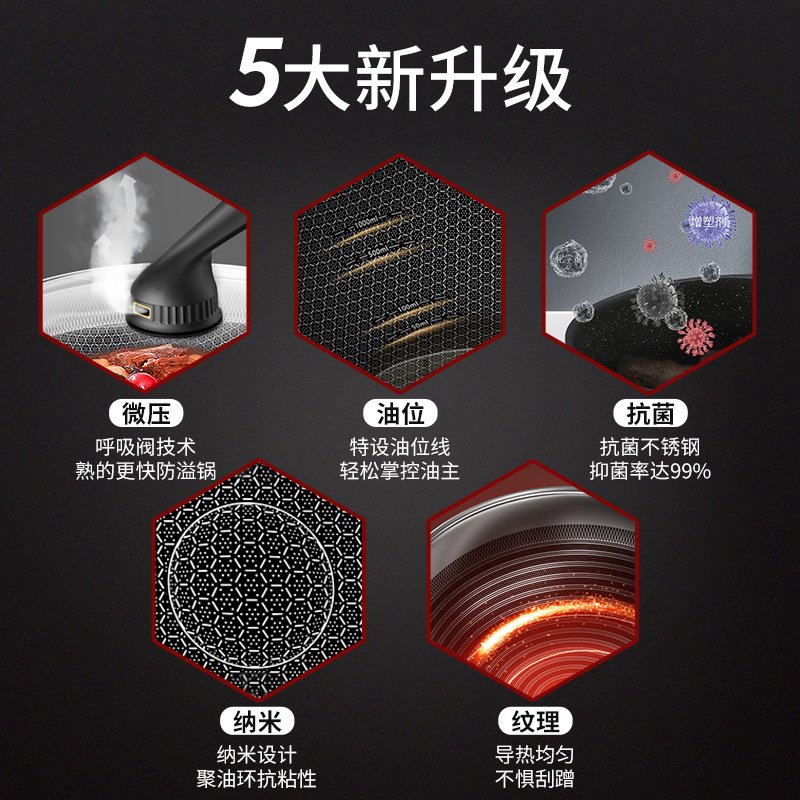 康巴赫第五代不锈钢炒锅家用燃气灶专用炒菜不粘锅 抗菌升级款32CM