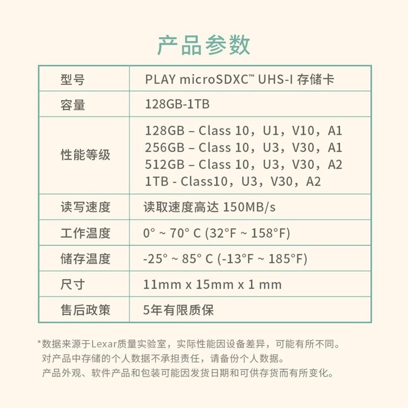 雷克沙（Lexar）1TB TF（MicroSD）存储卡 U3 V30 A2 读速150MB/s 专为游戏机等使用