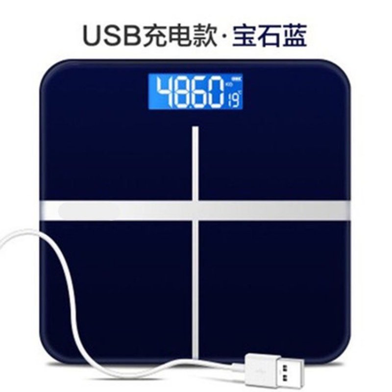 usb可充电电子称时光旧巷体重秤家用可爱卡通人体秤成人精准称重计女 蓝十字 电池