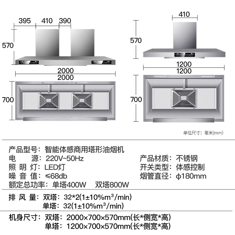 欢呼好太太 大功率油烟机饭店食堂商用抽油烟机大型单烟机不锈钢顶吸农村锅台土灶柴火灶35立方油烟机1.2米