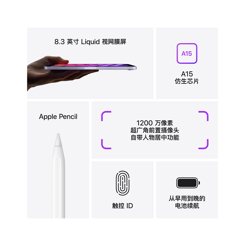 2021款 Apple iPad mini 6 代 8.3英寸 平板电脑256GB 5G插卡版 紫色