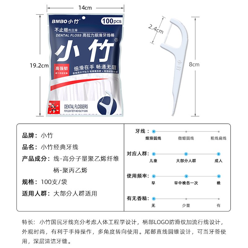 小竹细滑牙线棒一次性安全超细家庭便携随身剔牙清洁牙齿缝4袋足足400支小竹1号100支袋装牙线（蓝）