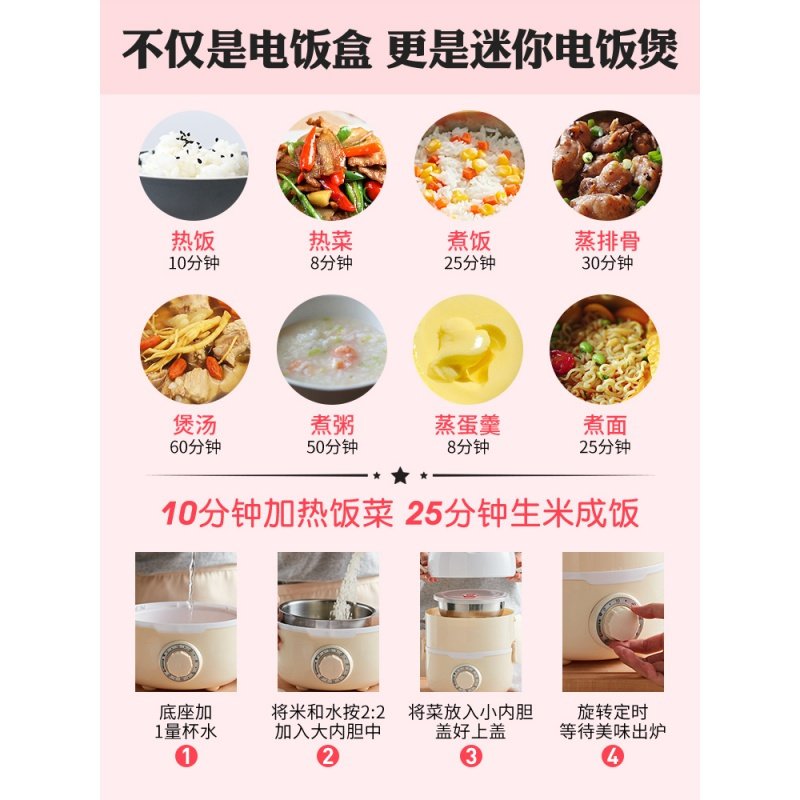 志高（CHIGO）电热饭盒可插电加热保温便当热饭便携带上班族蒸煮饭煲锅 粉色双层_928
