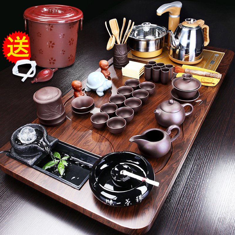 整套功夫茶具套装实木茶盘茶海纳丽雅自动上水电热炉办公室泡茶茶具 曲流茶盘+古韵陶泥B配件598