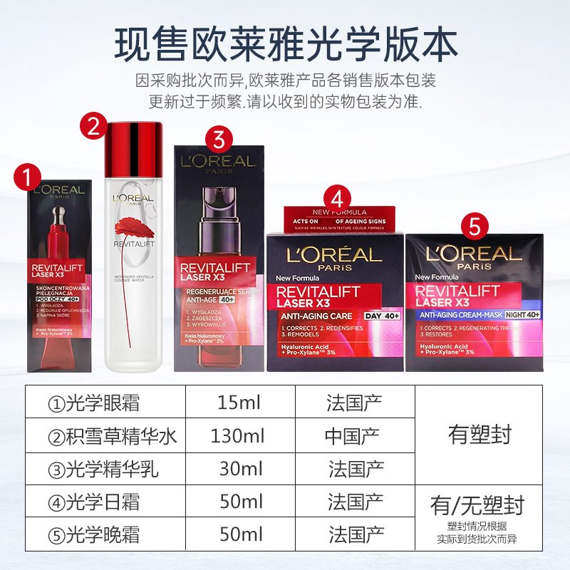 【保税直发】欧莱雅(L'OREAL) 女士面部护肤套装 复颜抗皱光学嫩肤五件套(眼霜+日霜+晚霜+精华水+精华乳)