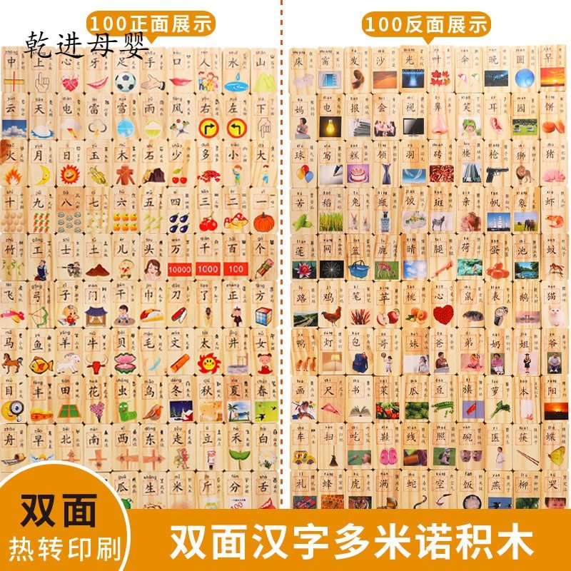 【新品直营】儿童积木拼音数字玩具早教识汉字多米诺骨牌力动脑4-6岁男孩3女孩 100片双面新汉字多米诺积木（送收纳袋）