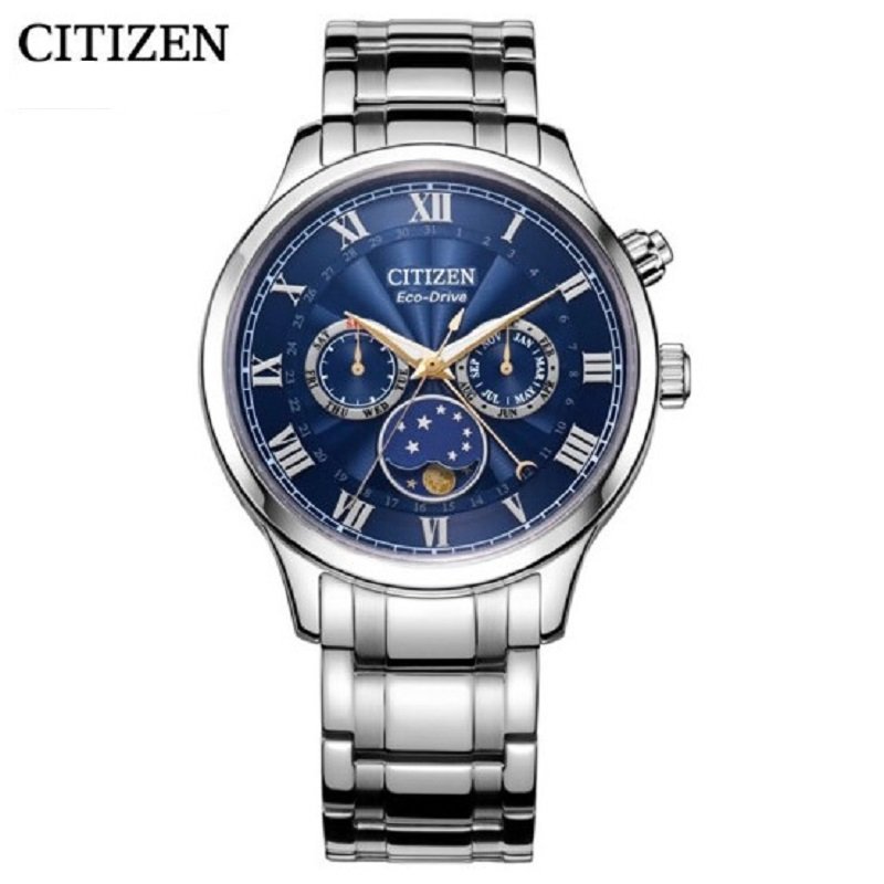 新品 国行西铁城 CITIZEN 手表 星月蓝盘光动能月相钢带商务男表AP1050-81L