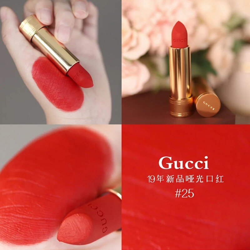 Gucci2020新款口红金管唇膏古驰小碎花口红 新版哑光金管25#偏橘正红色