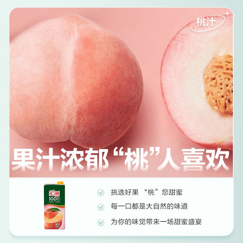 汇源 100%桃复合果汁1L*6盒 便携装 果汁饮料