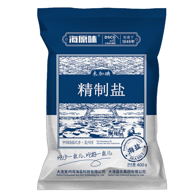 海湾无碘食用盐天然海盐家用无碘盐不加碘食盐巴精制无典盐400g*6