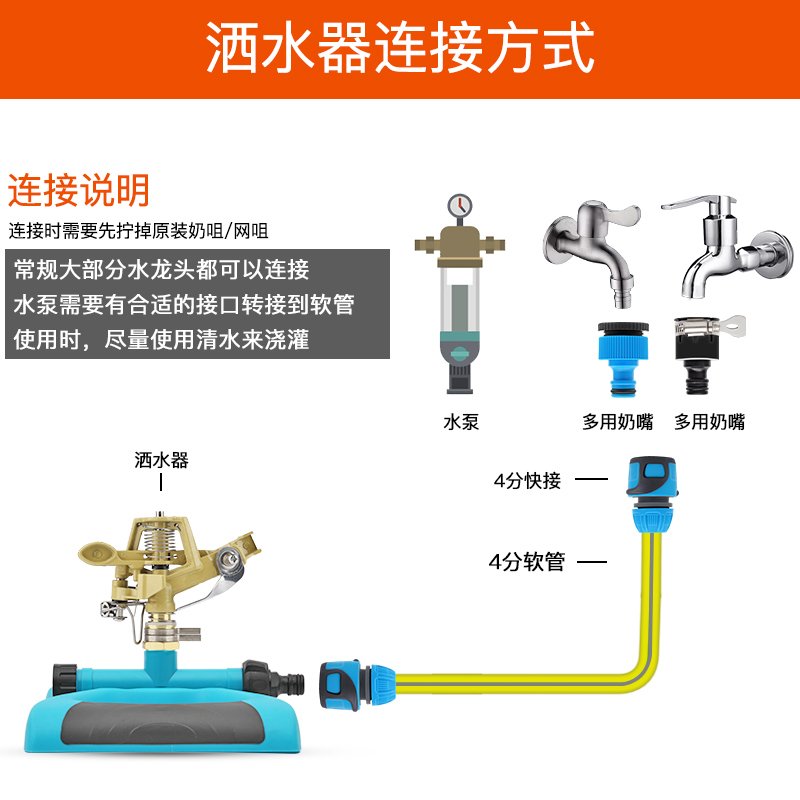 360度自动旋转洒水器灌溉喷头浇菜浇地喷头园艺绿化浇地农业浇灌 洒水器+一寸串联组合