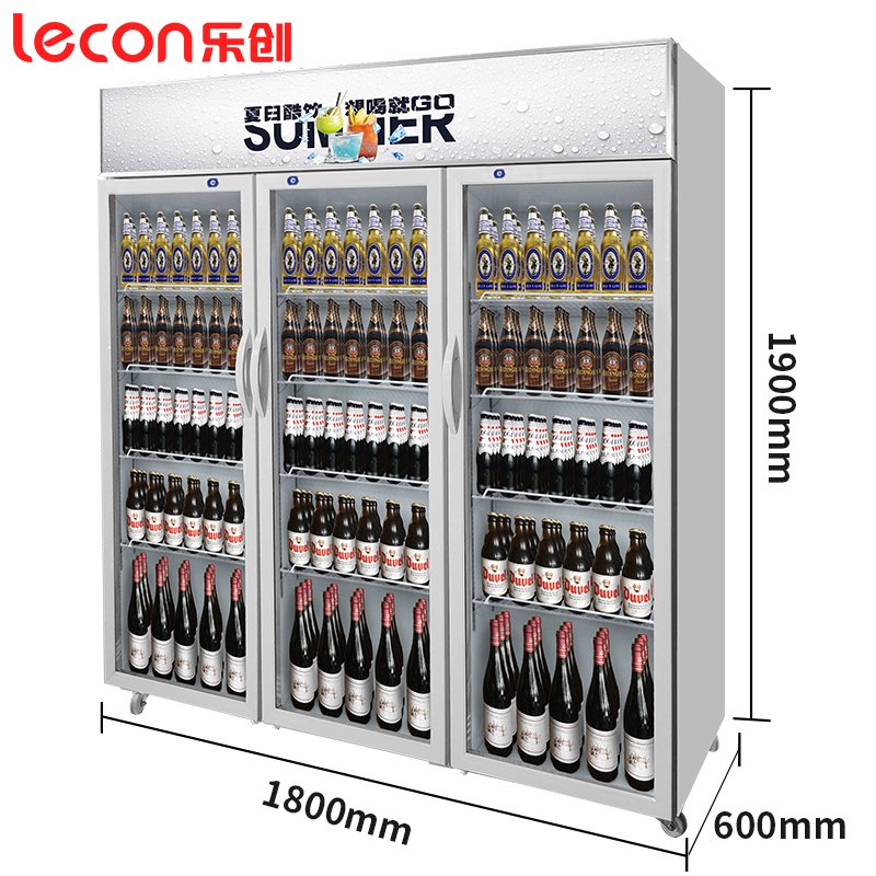 Lecon/乐创 三门银色-新款 风冷展示柜 冷藏柜红黑色 商用冰柜 冰箱啤酒饮品 保鲜柜 饮料柜 单门冷柜