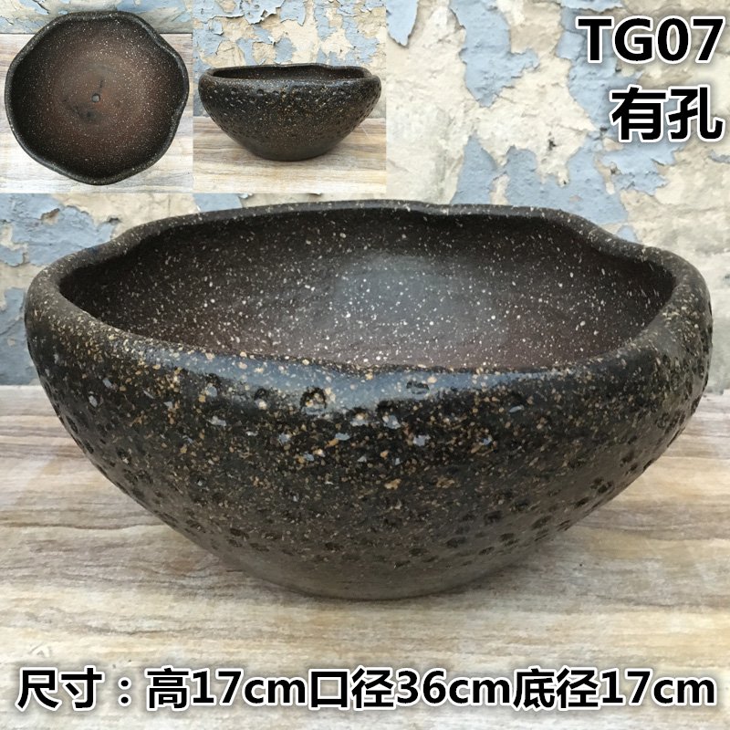 荷花睡莲大花盆 40cm特大口径无孔水培金铂喜 陶瓷鱼缸龟缸艺术造景缸 咖啡色TG07 特大